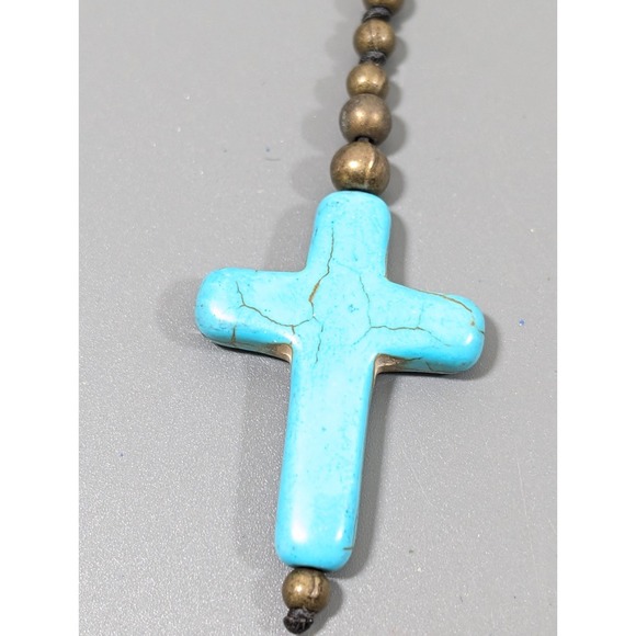 Retro Faux Turquoise Cross Y Drop Necklace Bronze Tone Bead Long Layering 30 in - Picture 3 of 7